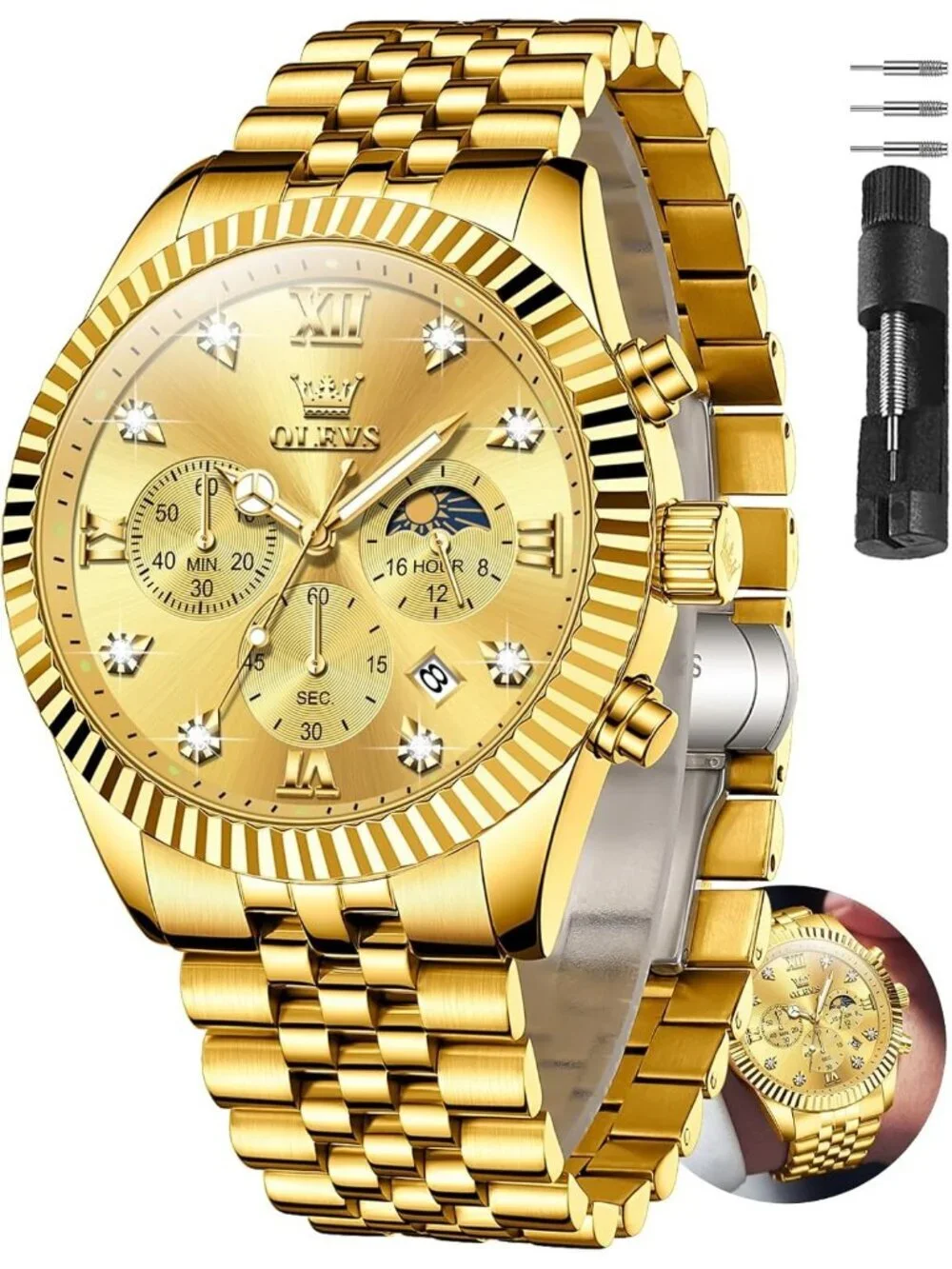 Men's Gold Stainless Steel Band Waterproof Roman Numbers Diamond Classic Watch